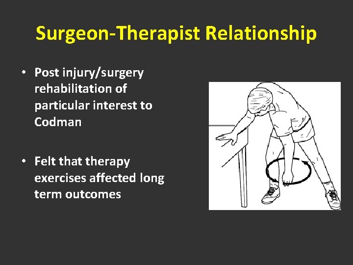 Surgeon-Therapist Relationship • Post injury/surgery rehabilitation of particular interest to Codman • Felt that