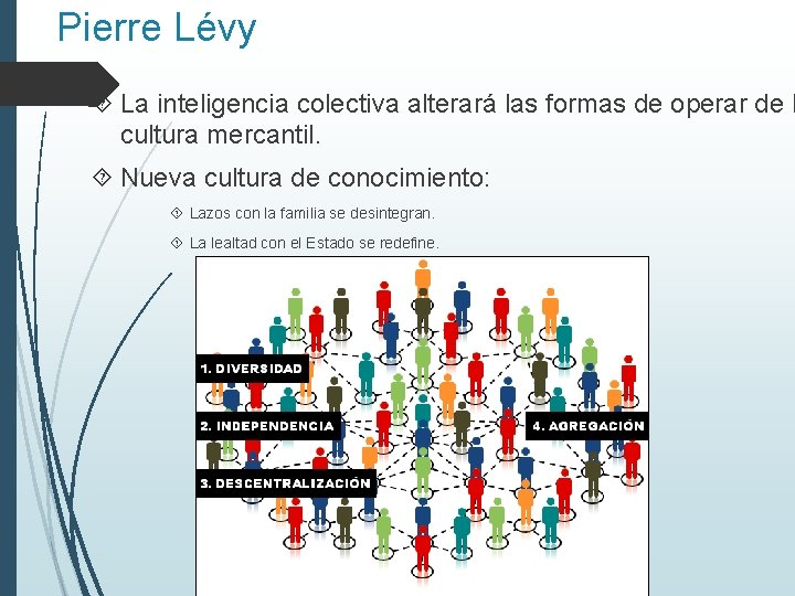 Pierre Lévy La inteligencia colectiva alterará las formas de operar de l cultura mercantil.