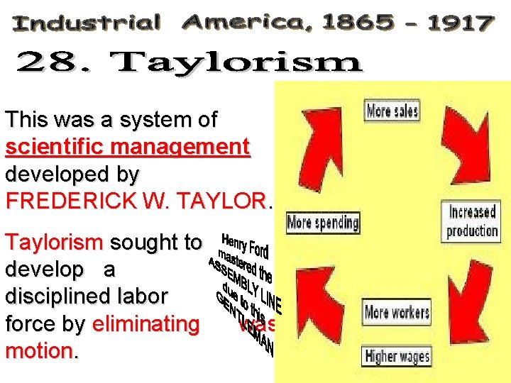 This was a system of scientific management developed by FREDERICK W. TAYLOR. Taylorism sought