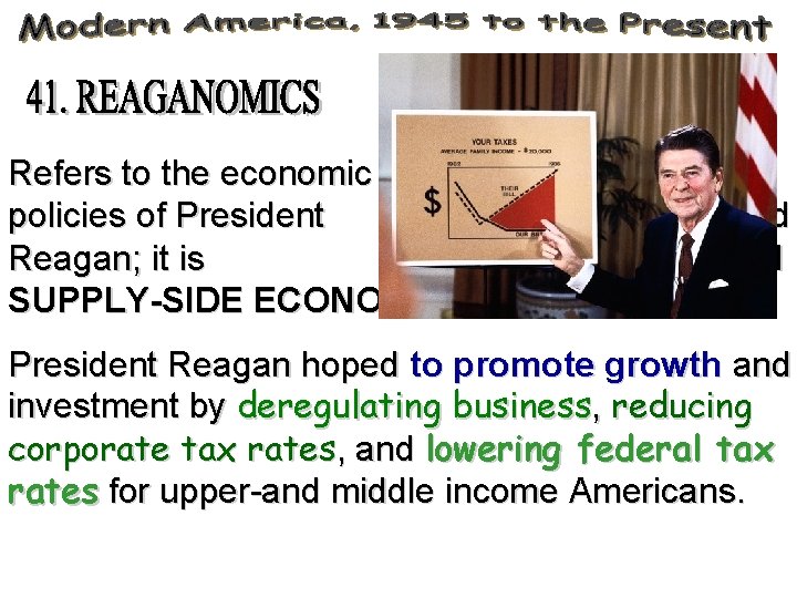 Refers to the economic policies of President Reagan; it is SUPPLY-SIDE ECONOMICS. Ronald also