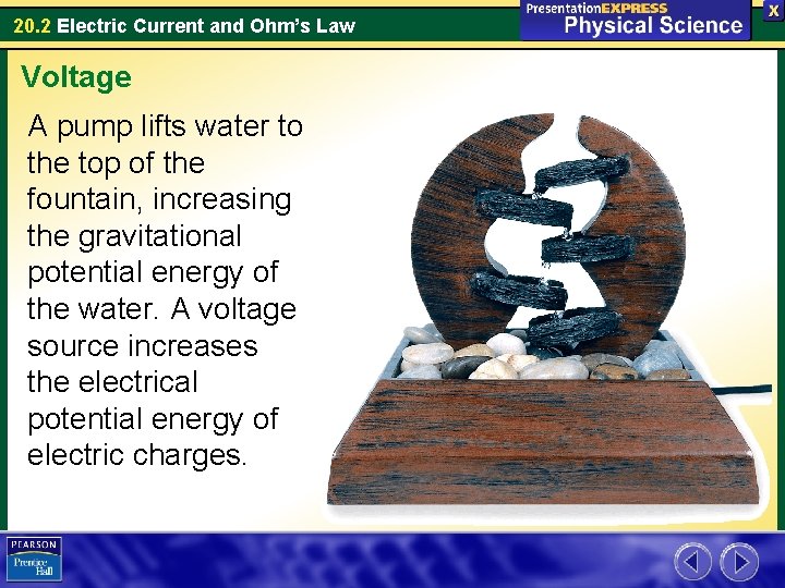 20. 2 Electric Current and Ohm’s Law Voltage A pump lifts water to the