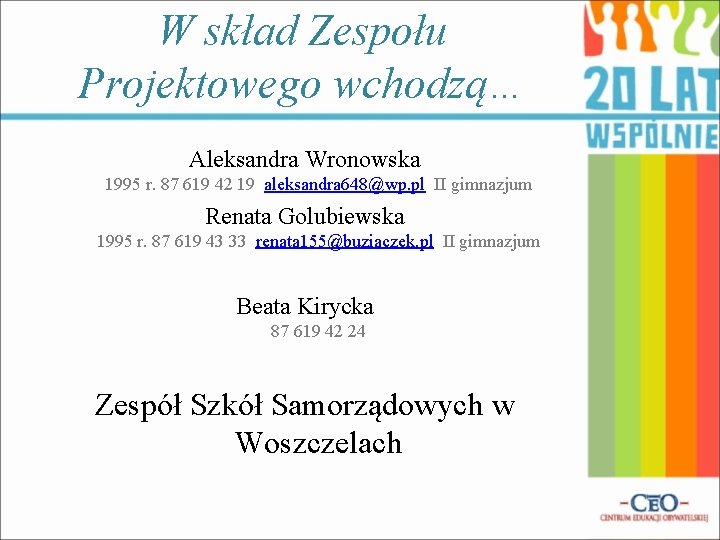 W skład Zespołu Projektowego wchodzą… Aleksandra Wronowska 1995 r. 87 619 42 19 aleksandra