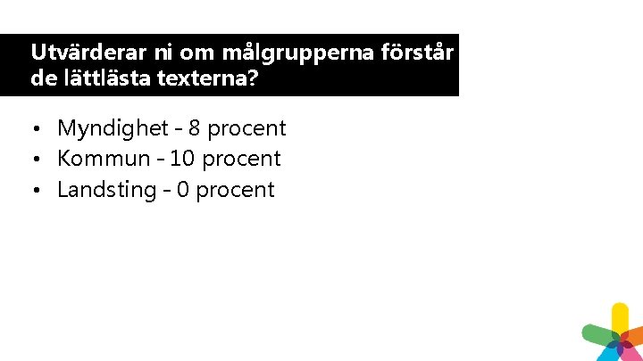Utvärderar ni om målgrupperna förstår de lättlästa texterna? • Myndighet – 8 procent • Utvärderar ni om målgrupperna förstår de lättlästa texterna? • Myndighet – 8 procent •