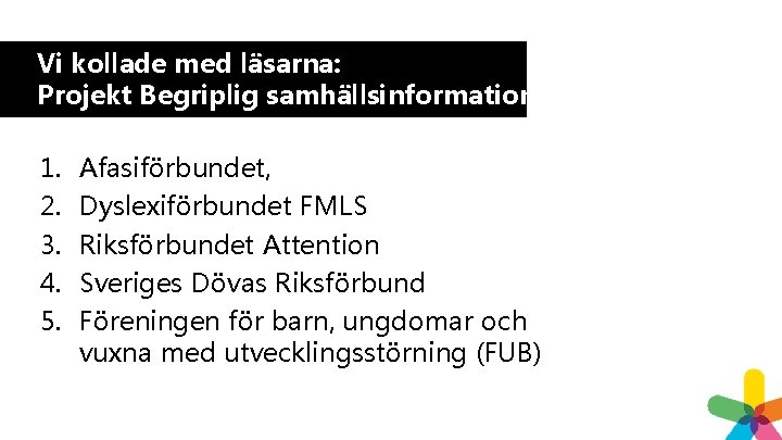 Vi kollade med läsarna: Projekt Begriplig samhällsinformation 1. 2. 3. 4. 5. Afasiförbundet, Dyslexiförbundet Vi kollade med läsarna: Projekt Begriplig samhällsinformation 1. 2. 3. 4. 5. Afasiförbundet, Dyslexiförbundet