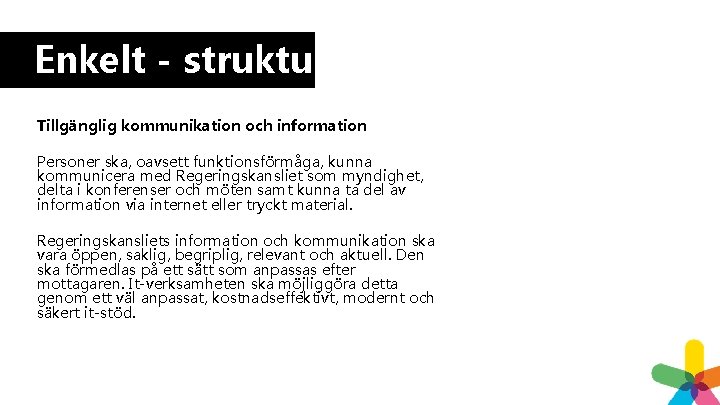 Enkelt - struktur Tillgänglig kommunikation och information Personer ska, oavsett funktionsförmåga, kunna kommunicera med Enkelt - struktur Tillgänglig kommunikation och information Personer ska, oavsett funktionsförmåga, kunna kommunicera med