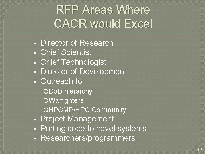 RFP Areas Where CACR would Excel Director of Research Chief Scientist Chief Technologist Director