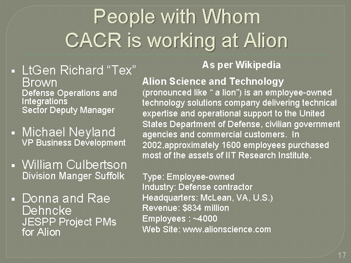 People with Whom CACR is working at Alion Lt. Gen Richard “Tex” Brown Defense