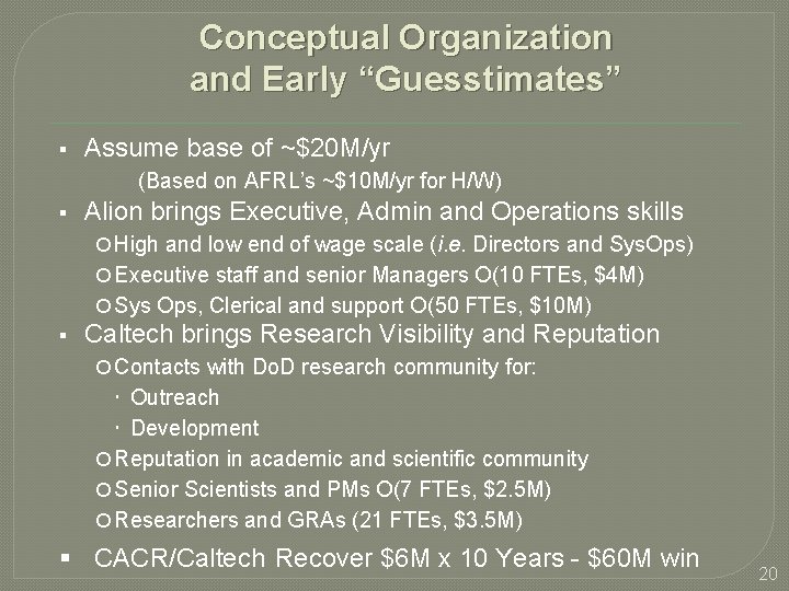 Conceptual Organization and Early “Guesstimates” Assume base of ~$20 M/yr (Based on AFRL’s ~$10