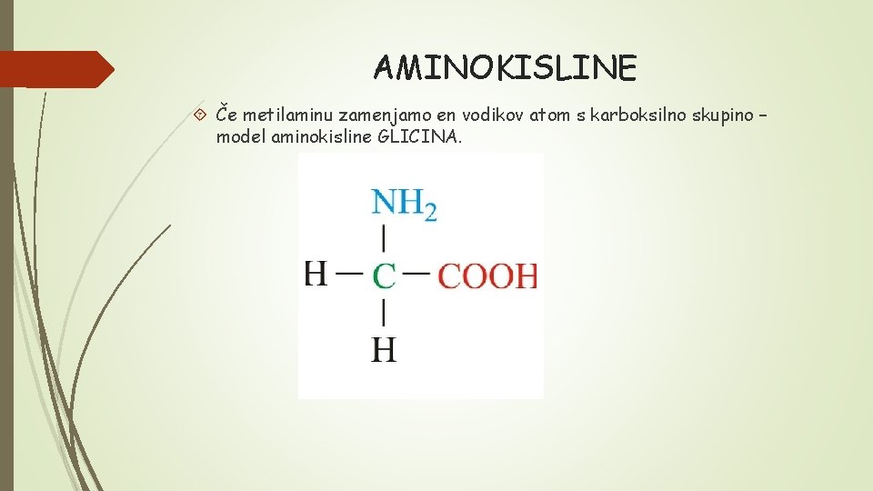 AMINOKISLINE Če metilaminu zamenjamo en vodikov atom s karboksilno skupino – model aminokisline GLICINA.
