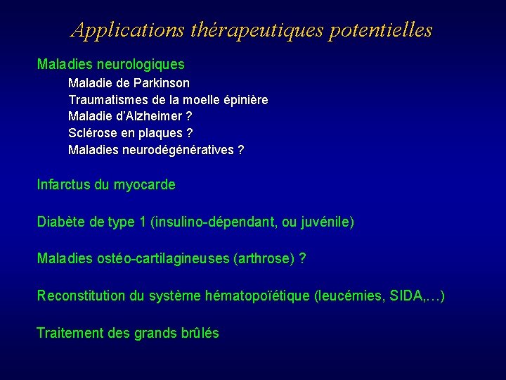 Applications thérapeutiques potentielles Maladies neurologiques Maladie de Parkinson Traumatismes de la moelle épinière Maladie