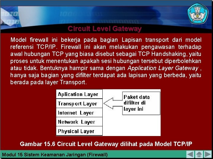 Circuit Level Gateway Model firewall ini bekerja pada bagian Lapisan transport dari model referensi