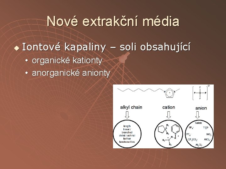 Nové extrakční média u Iontové kapaliny – soli obsahující • organické kationty • anorganické