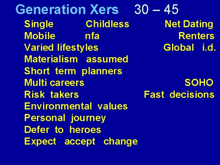 Generation Xers 30 – 45 Single Childless Net Dating Mobile nfa Renters Varied lifestyles