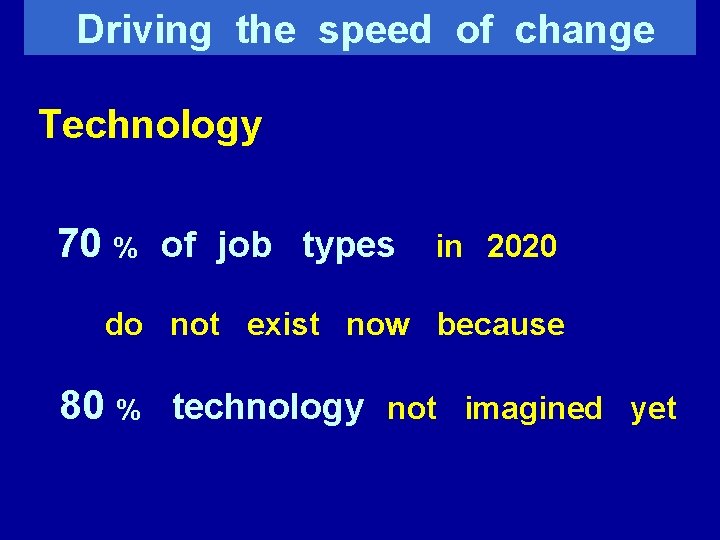Driving the speed of change Technology 70 % of job types in 2020 do