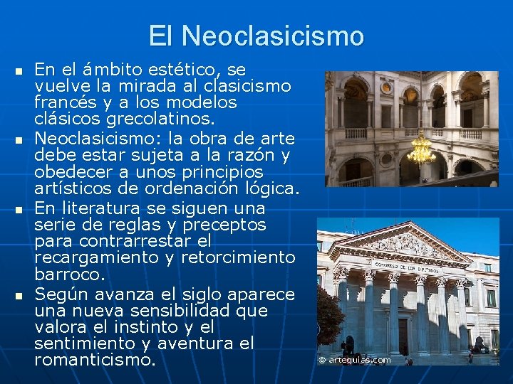 El Neoclasicismo n n En el ámbito estético, se vuelve la mirada al clasicismo