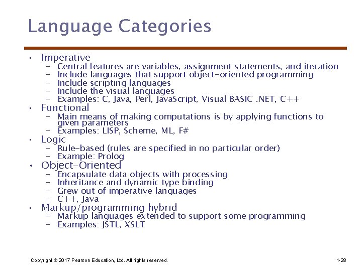 Language Categories • Imperative – – – Central features are variables, assignment statements, and