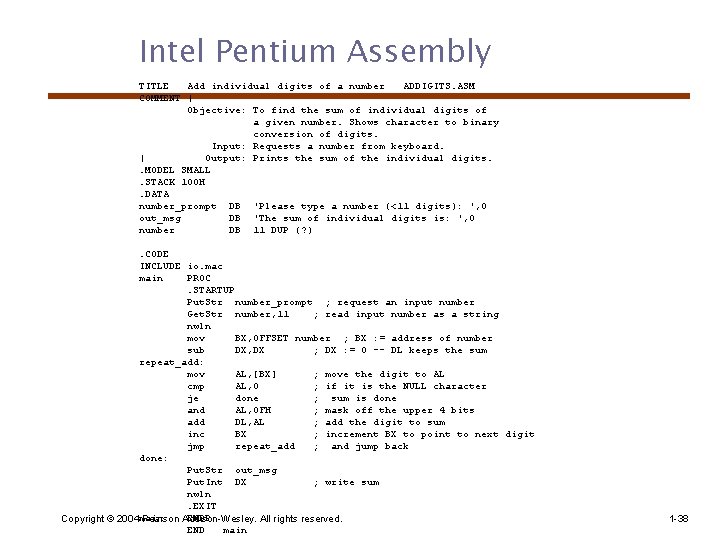 Intel Pentium Assembly TITLE Add individual digits of a number ADDIGITS. ASM COMMENT |