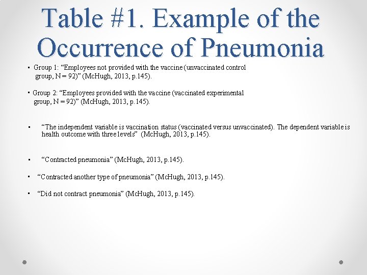 Table #1. Example of the Occurrence of Pneumonia • Group 1: “Employees not provided