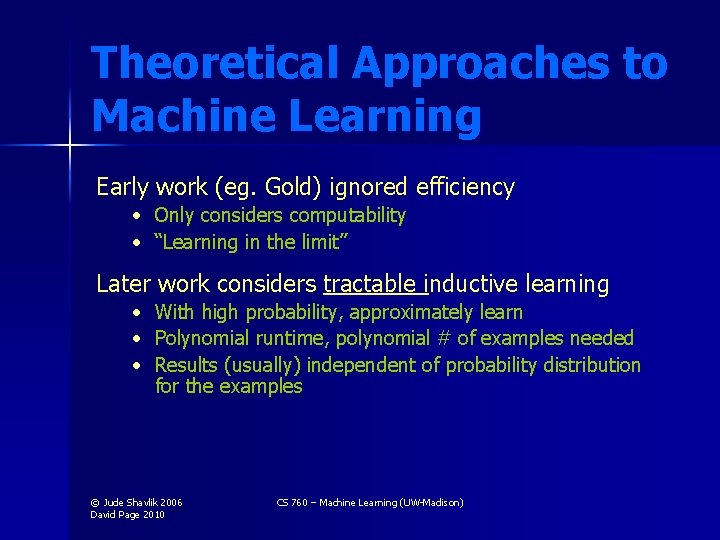Theoretical Approaches to Machine Learning Early work (eg. Gold) ignored efficiency • Only considers