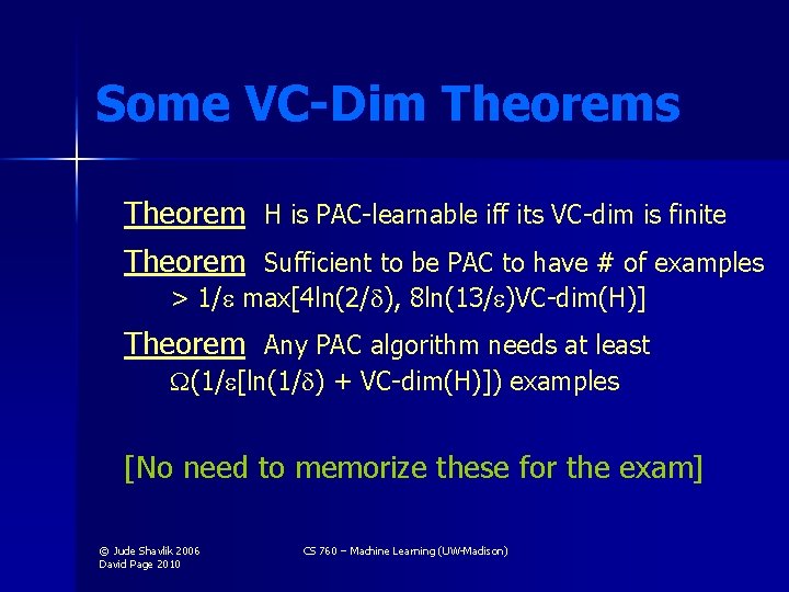 Some VC-Dim Theorems Theorem H is PAC-learnable iff its VC-dim is finite Theorem Sufficient