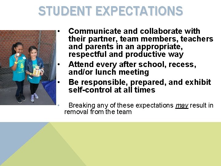 STUDENT EXPECTATIONS • • Communicate and collaborate with their partner, team members, teachers and