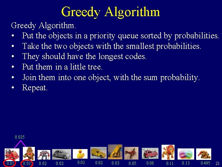 Greedy Algorithm. • Put the objects in a priority queue sorted by probabilities. •