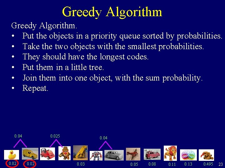 Greedy Algorithm. • Put the objects in a priority queue sorted by probabilities. •