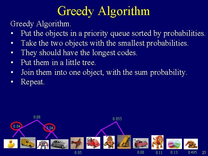 Greedy Algorithm. • Put the objects in a priority queue sorted by probabilities. •