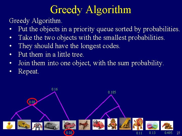 Greedy Algorithm. • Put the objects in a priority queue sorted by probabilities. •