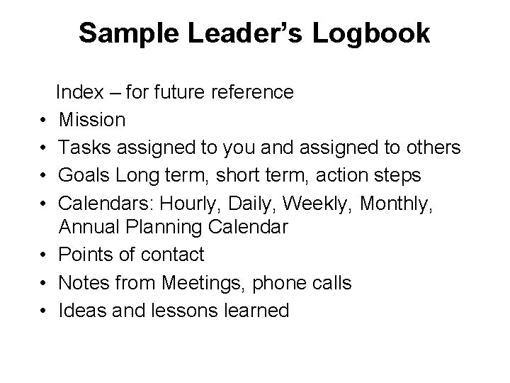 Sample Leader’s Logbook • • Index – for future reference Mission Tasks assigned to Sample Leader’s Logbook • • Index – for future reference Mission Tasks assigned to