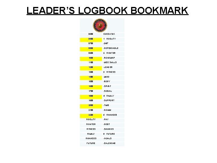 LEADER’S LOGBOOKMARK 0500 CHECK SIX 0600 1: FIDELITY 0700 -24/7 0800 -DEPENDABLE 0900 2: LEADER’S LOGBOOKMARK 0500 CHECK SIX 0600 1: FIDELITY 0700 -24/7 0800 -DEPENDABLE 0900 2: