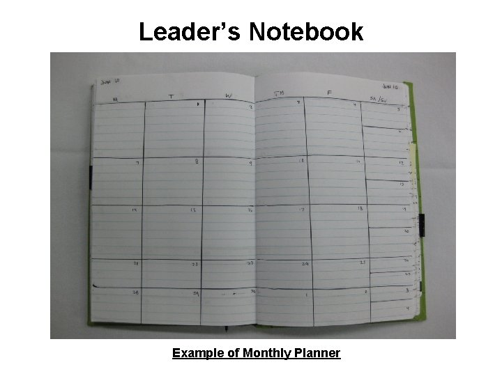 Leader’s Notebook Example of Monthly Planner Leader’s Notebook Example of Monthly Planner
