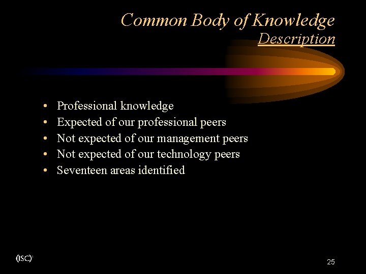 Common Body of Knowledge Description • • • Professional knowledge Expected of our professional Common Body of Knowledge Description • • • Professional knowledge Expected of our professional