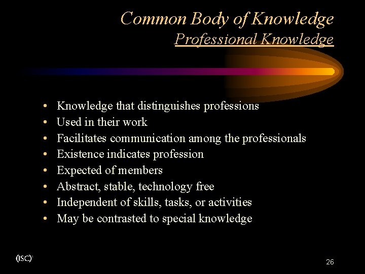 Common Body of Knowledge Professional Knowledge • • Knowledge that distinguishes professions Used in Common Body of Knowledge Professional Knowledge • • Knowledge that distinguishes professions Used in
