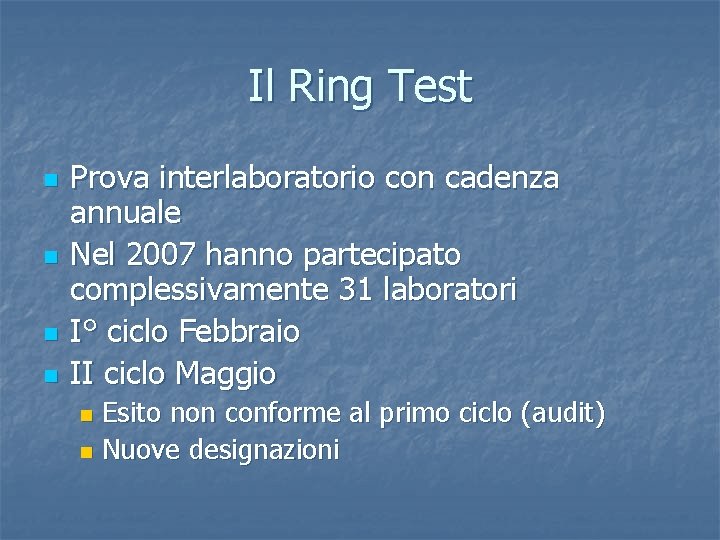 Il Ring Test n n Prova interlaboratorio con cadenza annuale Nel 2007 hanno partecipato