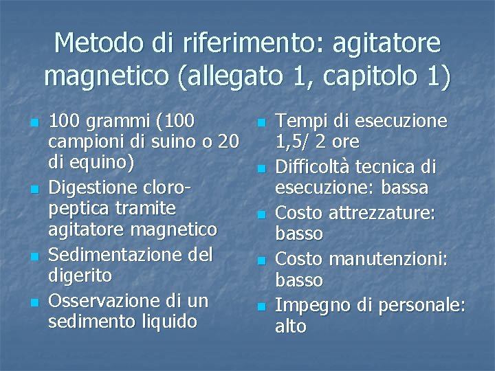 Metodo di riferimento: agitatore magnetico (allegato 1, capitolo 1) n n 100 grammi (100