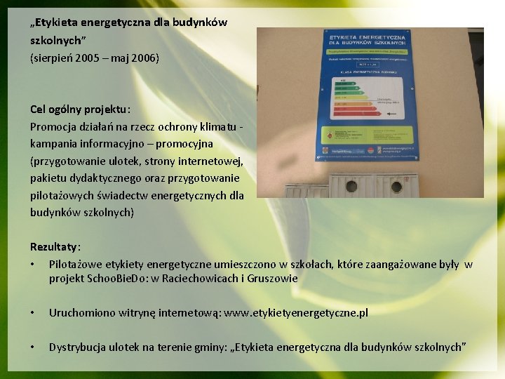 „Etykieta energetyczna dla budynków szkolnych” (sierpień 2005 – maj 2006) Cel ogólny projektu: Promocja