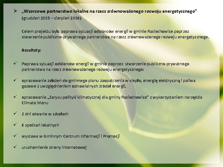 Ø „Wzorcowe partnerstwo lokalne na rzecz zrównoważonego rozwoju energetycznego” (grudzień 2005 – sierpień 2006)