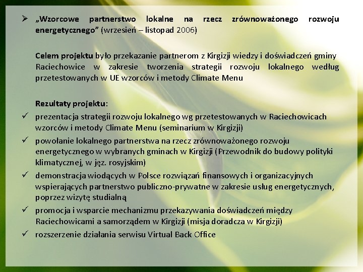 Ø „Wzorcowe partnerstwo lokalne na rzecz energetycznego” (wrzesień – listopad 2006) zrównoważonego rozwoju Celem