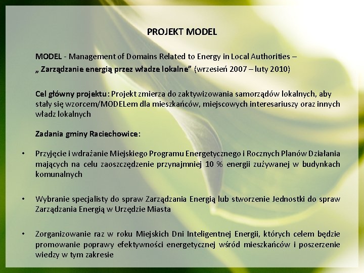 PROJEKT MODEL - Management of Domains Related to Energy in Local Authorities – „