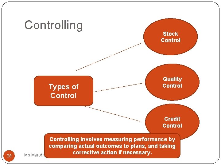 Controlling Types of Control Stock Control Quality Control Credit Control 28 Controlling involves measuring
