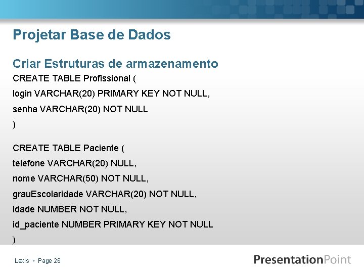 Projetar Base de Dados Criar Estruturas de armazenamento CREATE TABLE Profissional ( login VARCHAR(20)