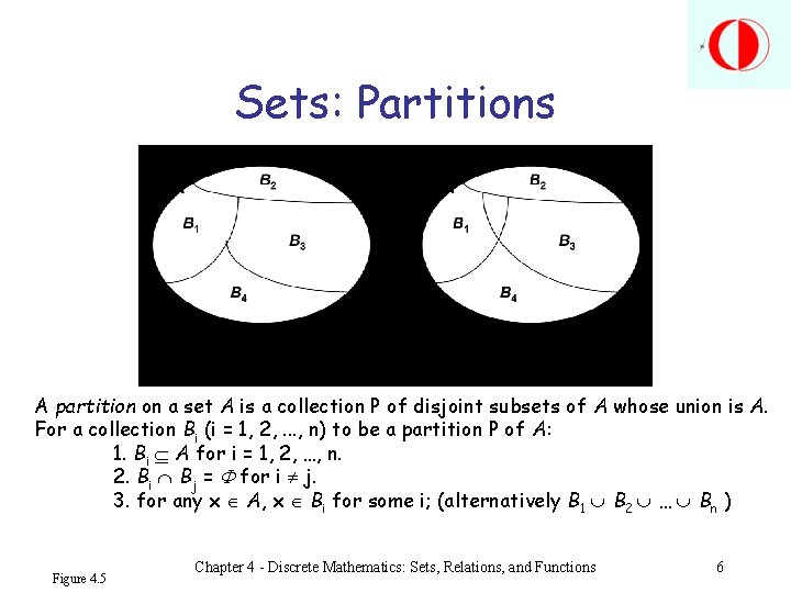 Sets: Partitions A partition on a set A is a collection P of disjoint