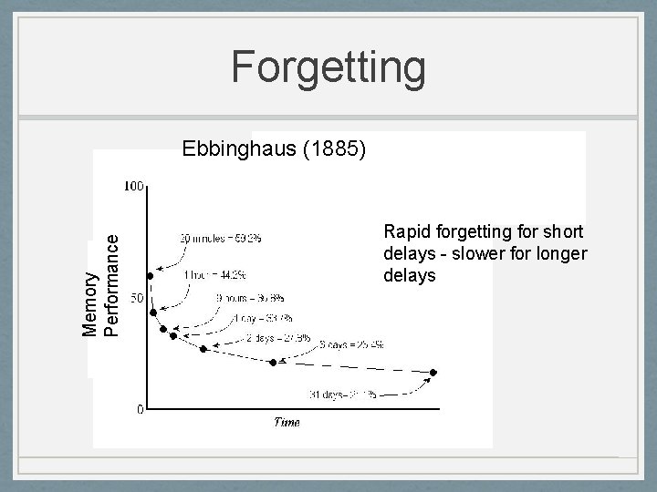 Forgetting Memory Performance Ebbinghaus (1885) Rapid forgetting for short delays - slower for longer