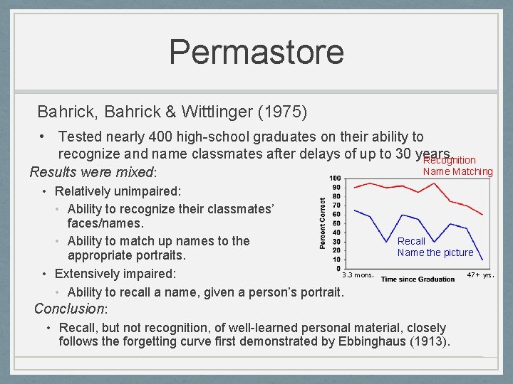 Permastore Bahrick, Bahrick & Wittlinger (1975) • Tested nearly 400 high-school graduates on their