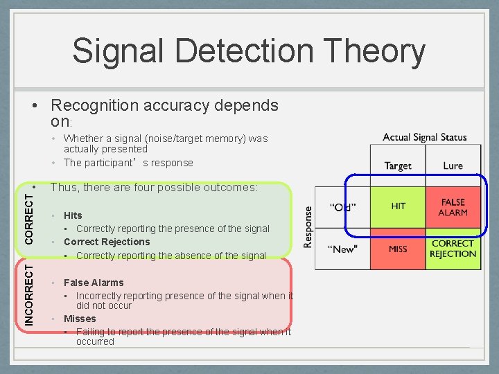 Signal Detection Theory • Recognition accuracy depends on: • Whether a signal (noise/target memory)