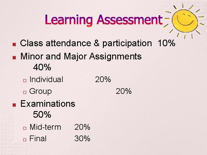 Learning Assessment Class attendance & participation 10% Minor and Major Assignments 40% Individual �