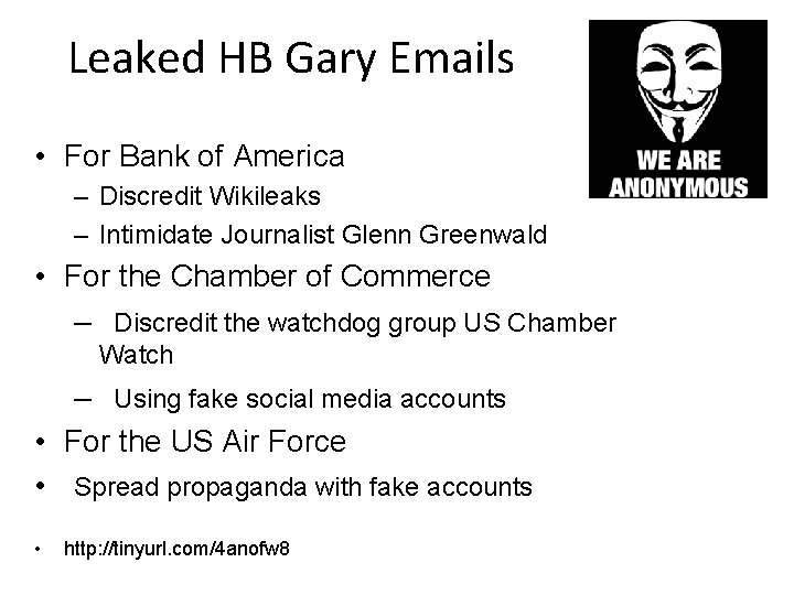 Leaked HB Gary Emails • For Bank of America – Discredit Wikileaks – Intimidate