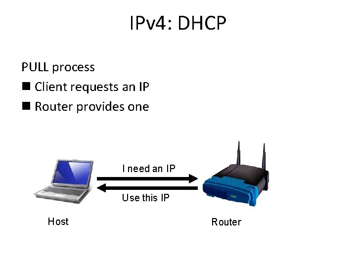 IPv 4: DHCP PULL process n Client requests an IP n Router provides one