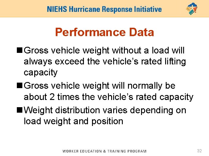 Performance Data n Gross vehicle weight without a load will always exceed the vehicle’s